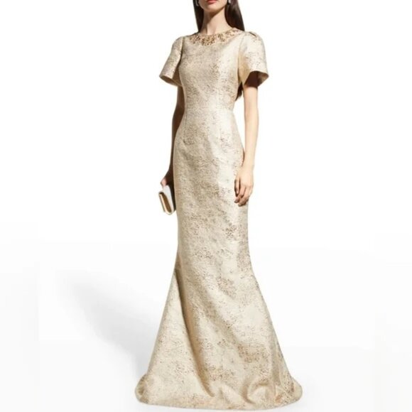 NWT Teri Jon Rickie Freeman Gold Beaded Jacquard Trumpet Gown Size 2 - Picture 8 of 12